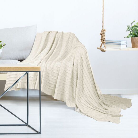 100% Cotton Throw Blanket for Sofa Soft Cable Knit Blanket 50" x 60" Beige - Picture 4 of 6